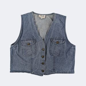 Vintage 90s River Ridge Crop Denim Vest Brass Buttons USA Made | Women's Large
